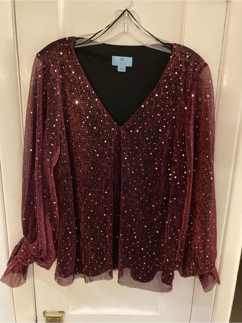 EUC CeCe Burgundy top with sequin overlay and sheer lantern style sleeves